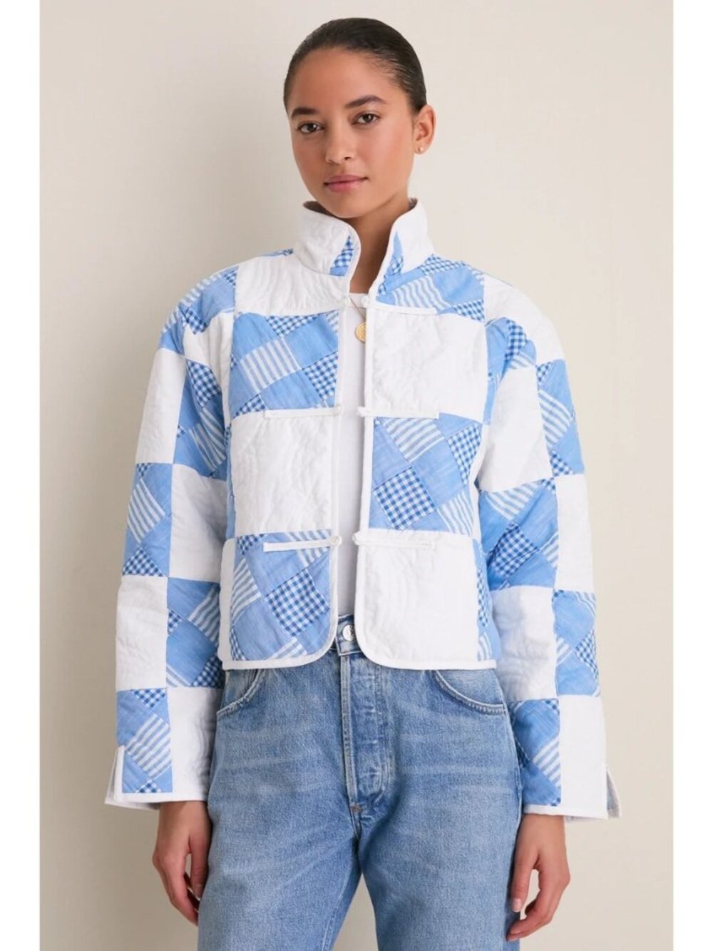 TUCKERNUCK Quilted Cropped Townley Jacket Blue/White Size Medium NWT